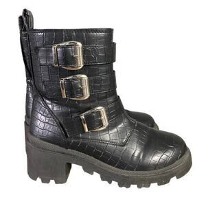 Sugar Women's Black Embossed Triple Buckle Combat Boots 7M‎